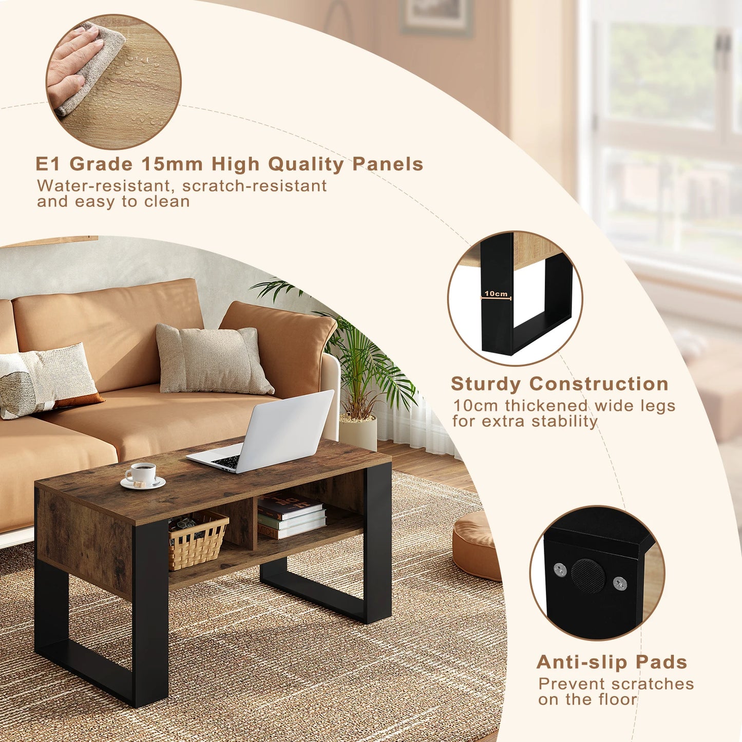 WOLTU Tea Coffee Table with Storage 2 Open Compartments Vintage Industrial Style Sofa Table Side Table for Living Room Bedroom
