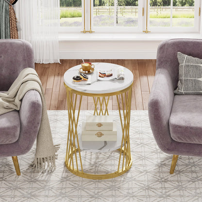 Table d'appoint Matthieu — finition blanche, marbre, design contemporain, rangement intégré