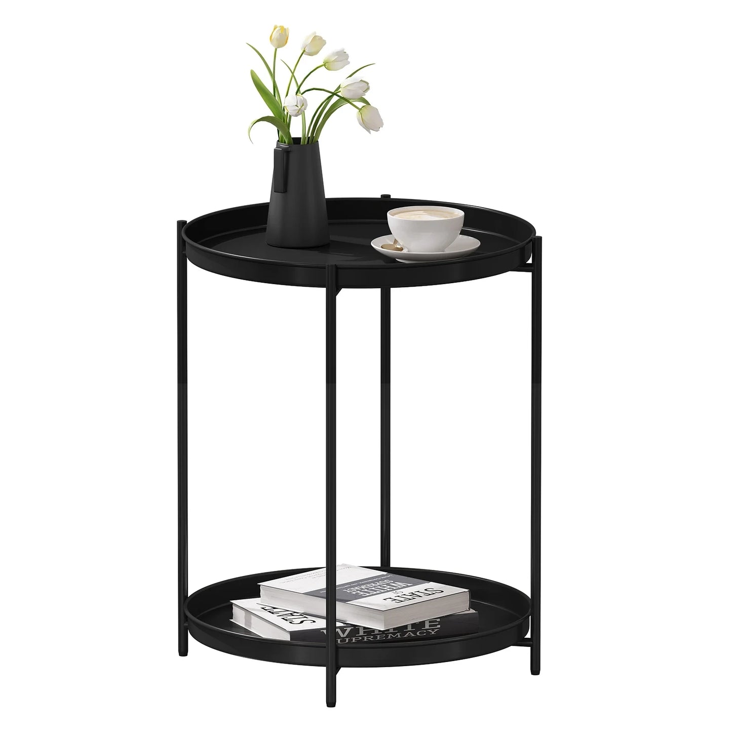 WOLTU Round Coffee Table Metal Side Table with Storage Space 2 Removable Trays Bedside Table for Bedroom Living Room Decor