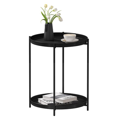 WOLTU Round Coffee Table Metal Side Table with Storage Space 2 Removable Trays Bedside Table for Bedroom Living Room Decor