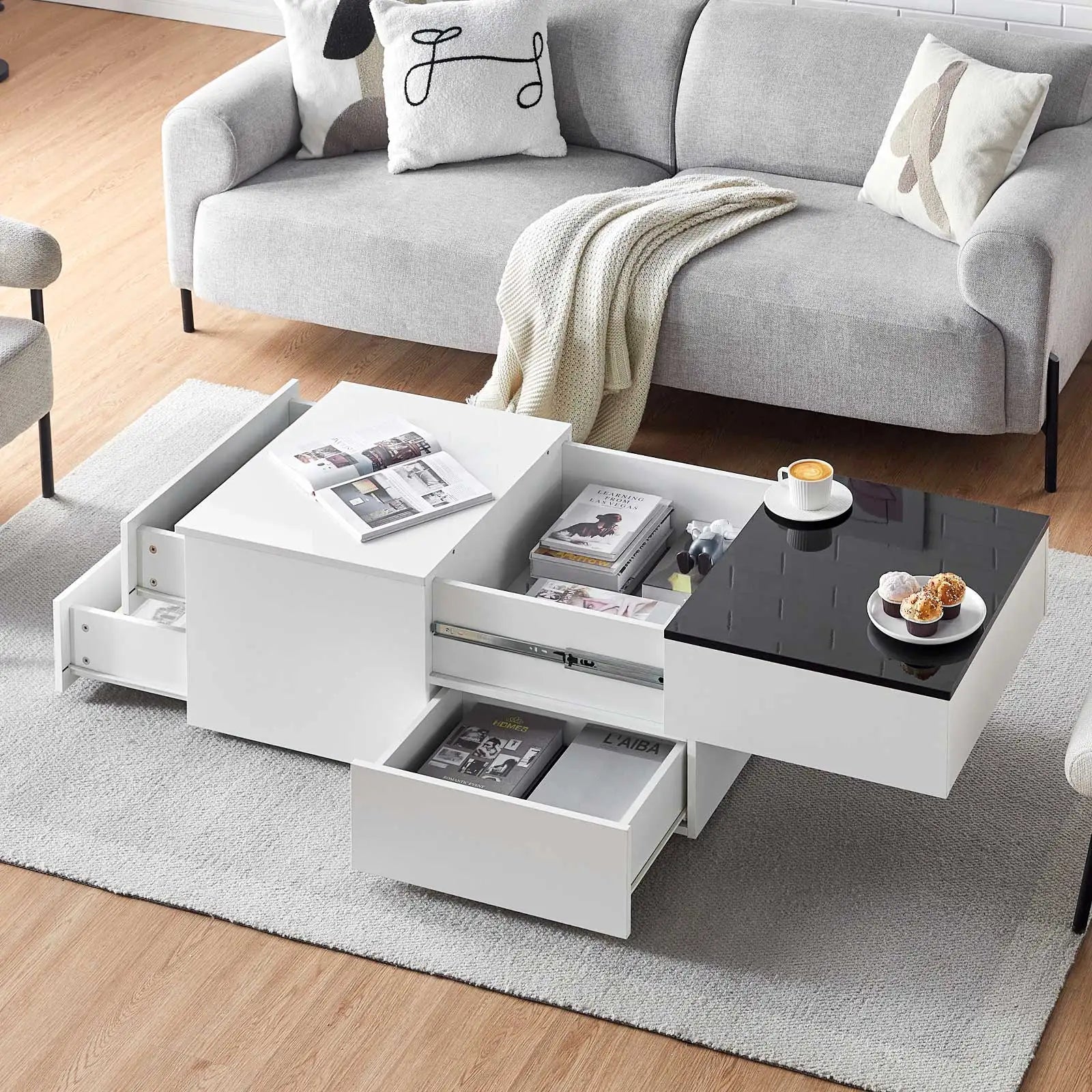 High Gloss Coffee Table, White Black Sofa Side Table with 4 Drawers, Rectangular Living Room Centre Table for Living Room Office