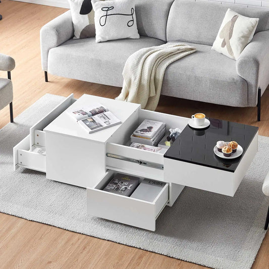 High Gloss Coffee Table, White Black Sofa Side Table with 4 Drawers, Rectangular Living Room Centre Table for Living Room Office