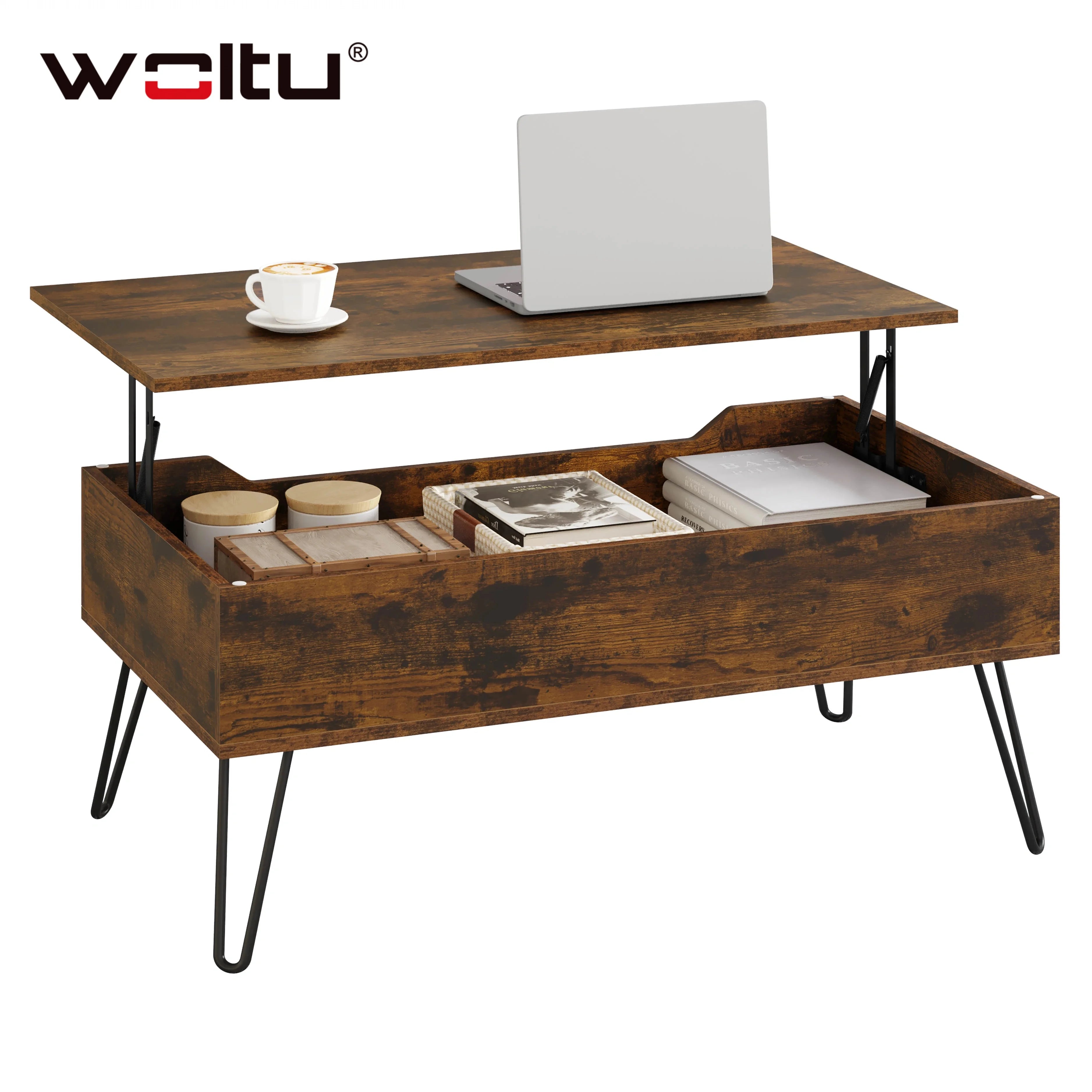 WOLTU Extendable Coffee Table Height-Adjustable Table Wooden Sofa Table with Hidden Storage Space Living Room Office Furniture