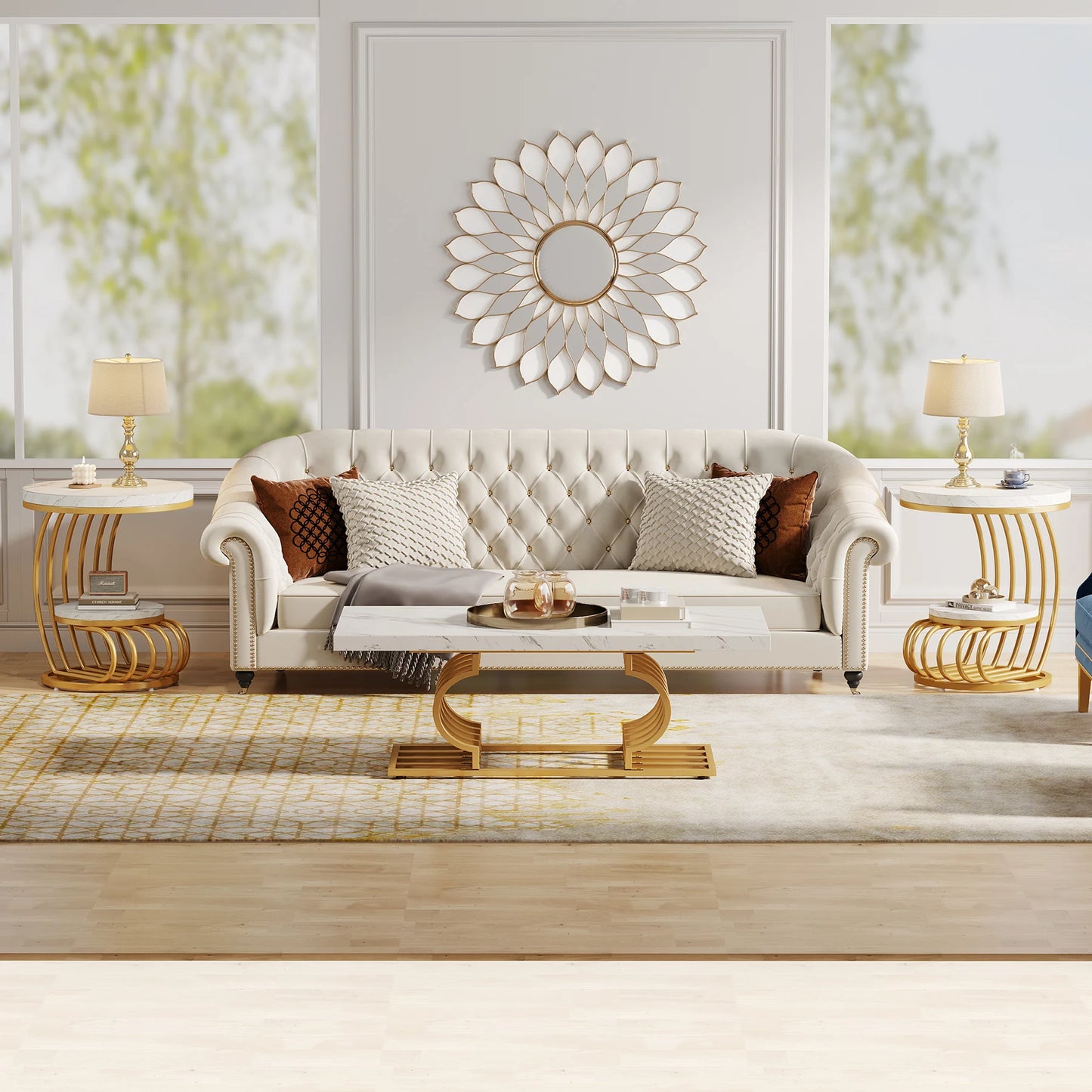 Table d'appoint Pénélope — finition dorée, marbre, design contemporain, rangement intégré