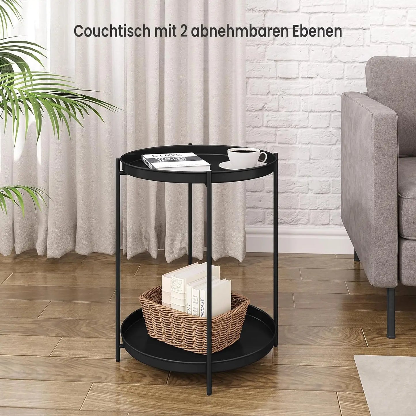 WOLTU Round Coffee Table Metal Side Table with Storage Space 2 Removable Trays Bedside Table for Bedroom Living Room Decor