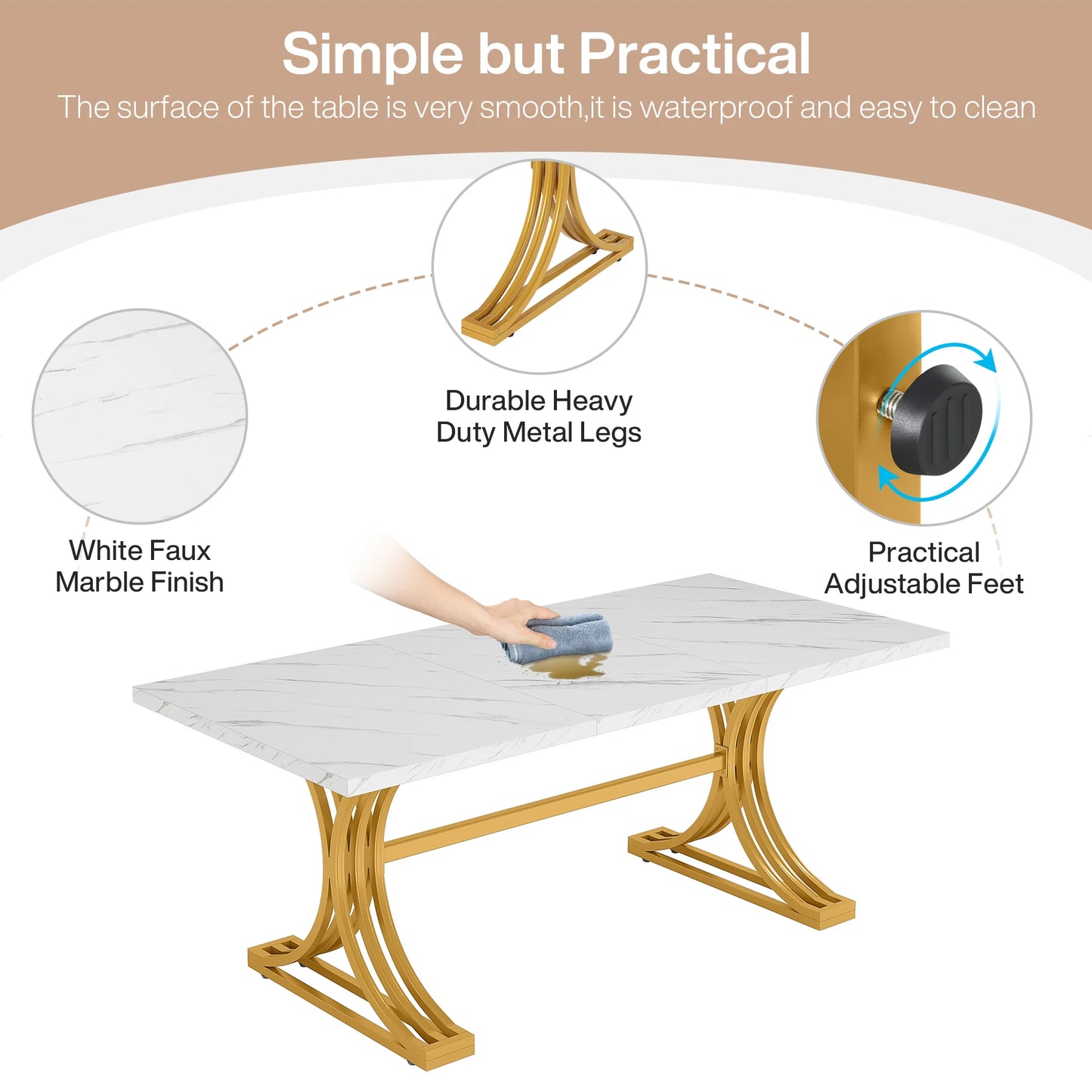 Table de salle à manger Louise — finition blanche, marbre, design contemporain, rectangulaire