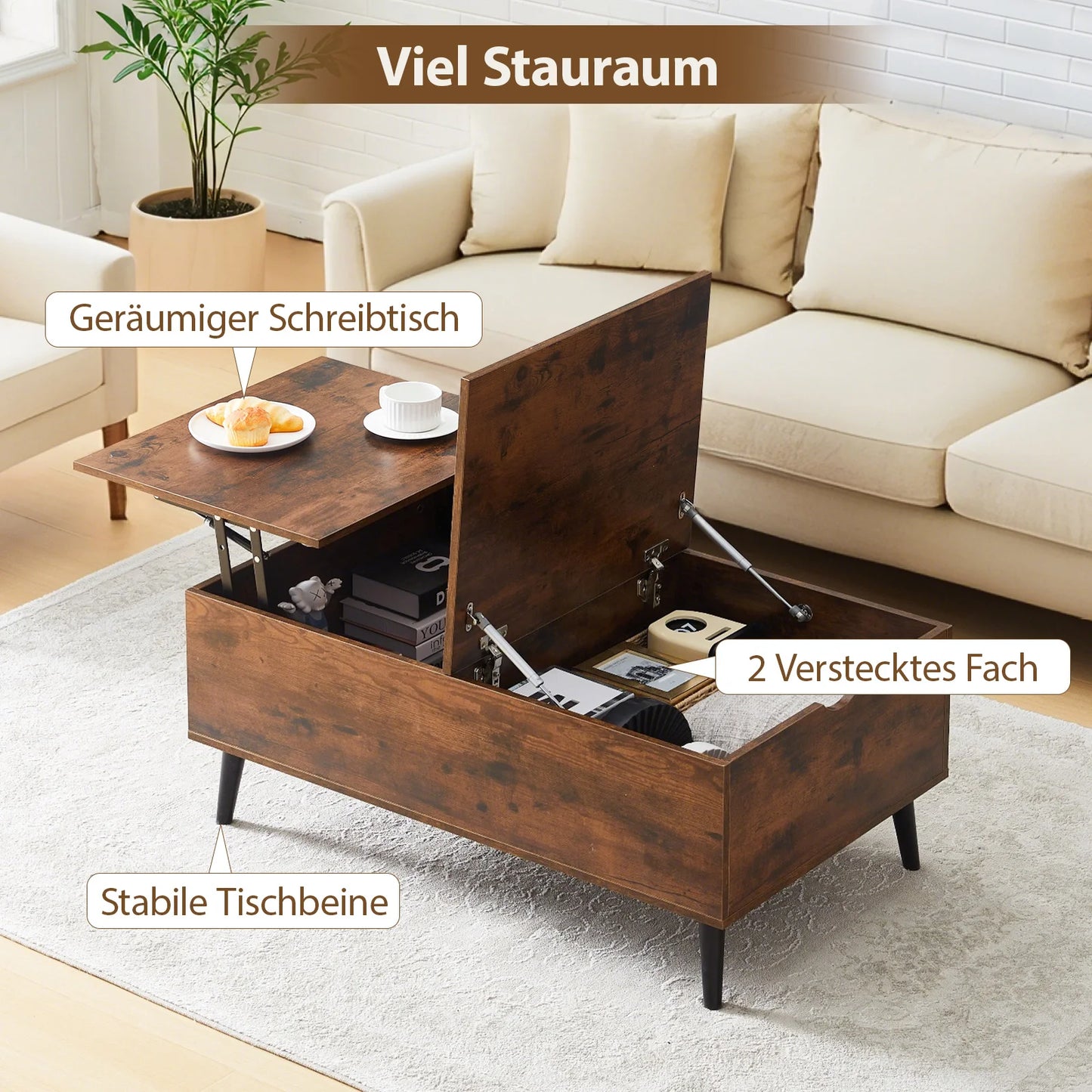 Lift Top Coffee Table with Storage, Wooden Sofa Side Tea Table for Living Room, Storage Cabinet with Hidden Compartments