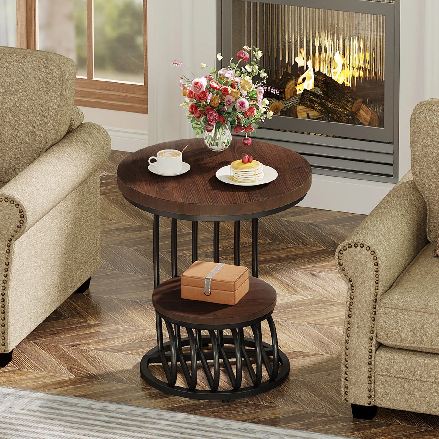 Table d'appoint Pénélope — finition dorée, marbre, design contemporain, rangement intégré