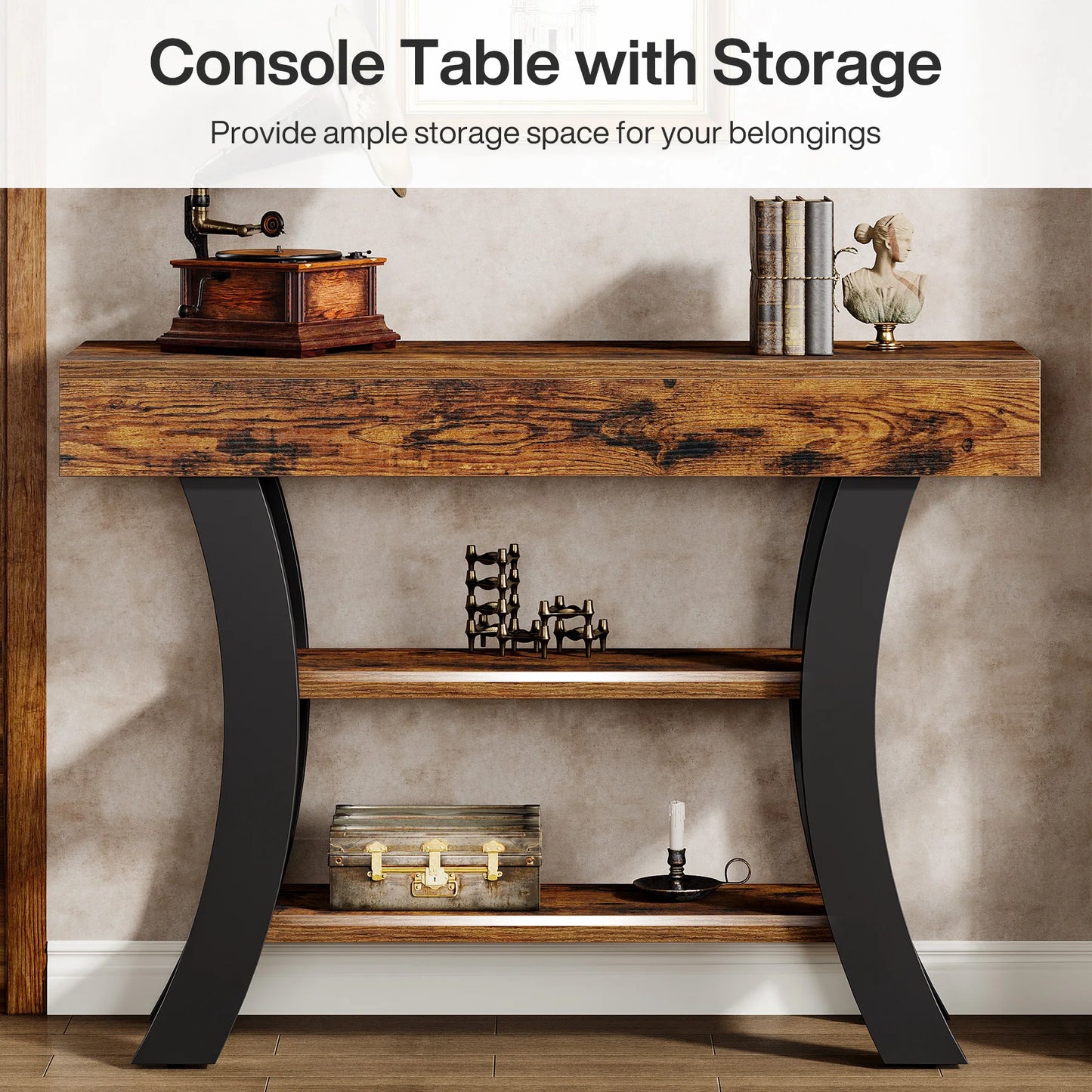 Console Valérie — style rustique, rangement intégré, 3 niveaux, étagères ouvertes