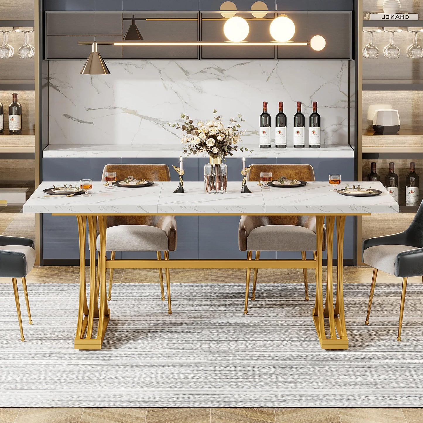 Table de salle à manger Louise — finition blanche, marbre, design contemporain, rectangulaire