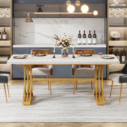 Table de salle à manger Louise — finition blanche, marbre, design contemporain, rectangulaire