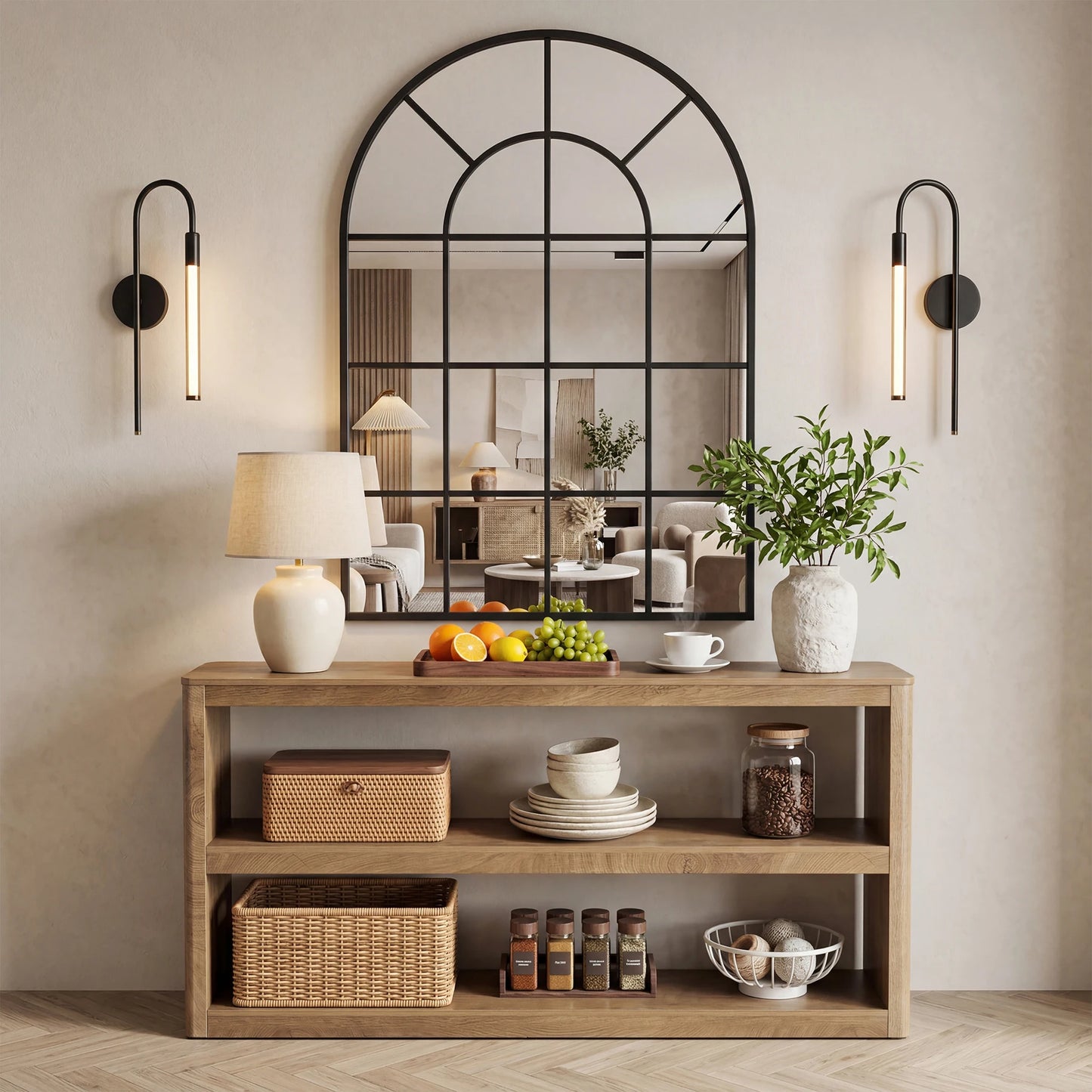 Console Élise — design contemporain, rangement intégré, étagères ouvertes