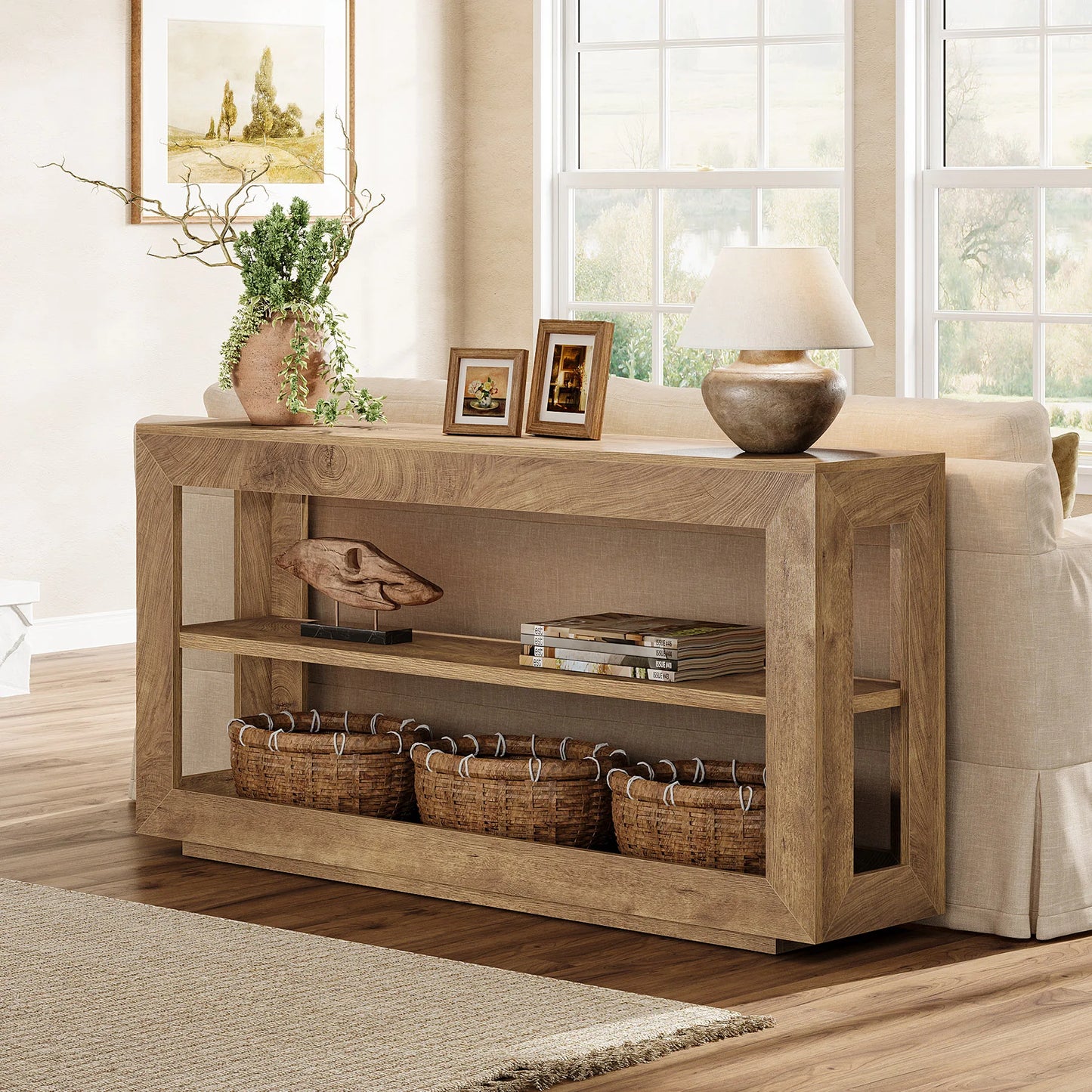 Console Béatrice — finition marron, bois, métal, rangement intégré
