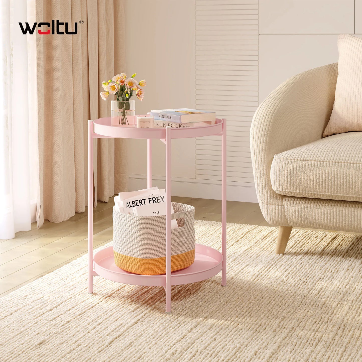 WOLTU Round Coffee Table with Storage Space 2 Removable Trays Metal Sofa Table for Living Room Modern Bedside Table for Bedroom