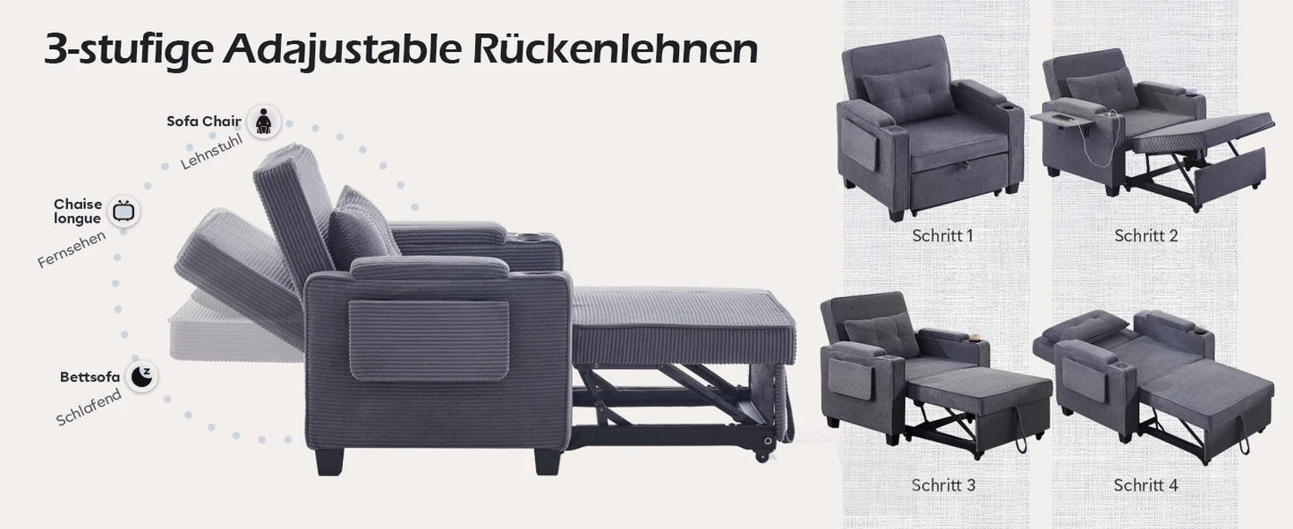 3-in-1 Single Sofa Bed with USB and Type-C, Adjustable Backrest TV Chair with Drink Holder and Armrest for Small Room Apartments