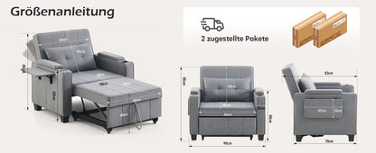 3-in-1 Sofa Bed with USB and Type-C, Adjustable Backrest TV Chair with Drink Holder and Armrest for Small Room Apartments