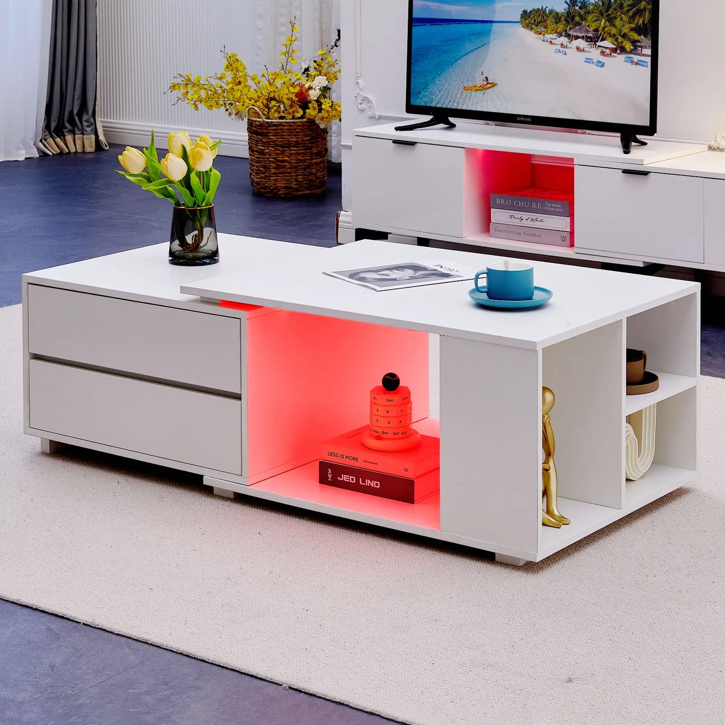 Extendable Coffee Table with LED Light, Living Room Centre Table with 4 Storage Drawers Shelves, Modern Wooden Sofa Side Table
