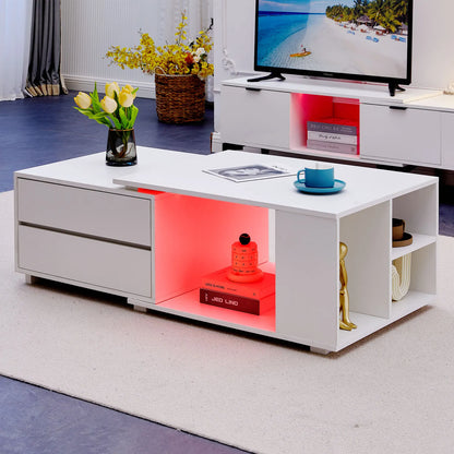 Extendable Coffee Table with LED Light, Living Room Centre Table with 4 Storage Drawers Shelves, Modern Wooden Sofa Side Table