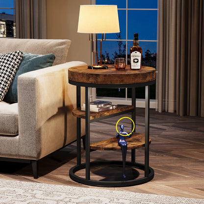 Table d'appoint Pauline — bois, style industriel, rangement intégré, ronde