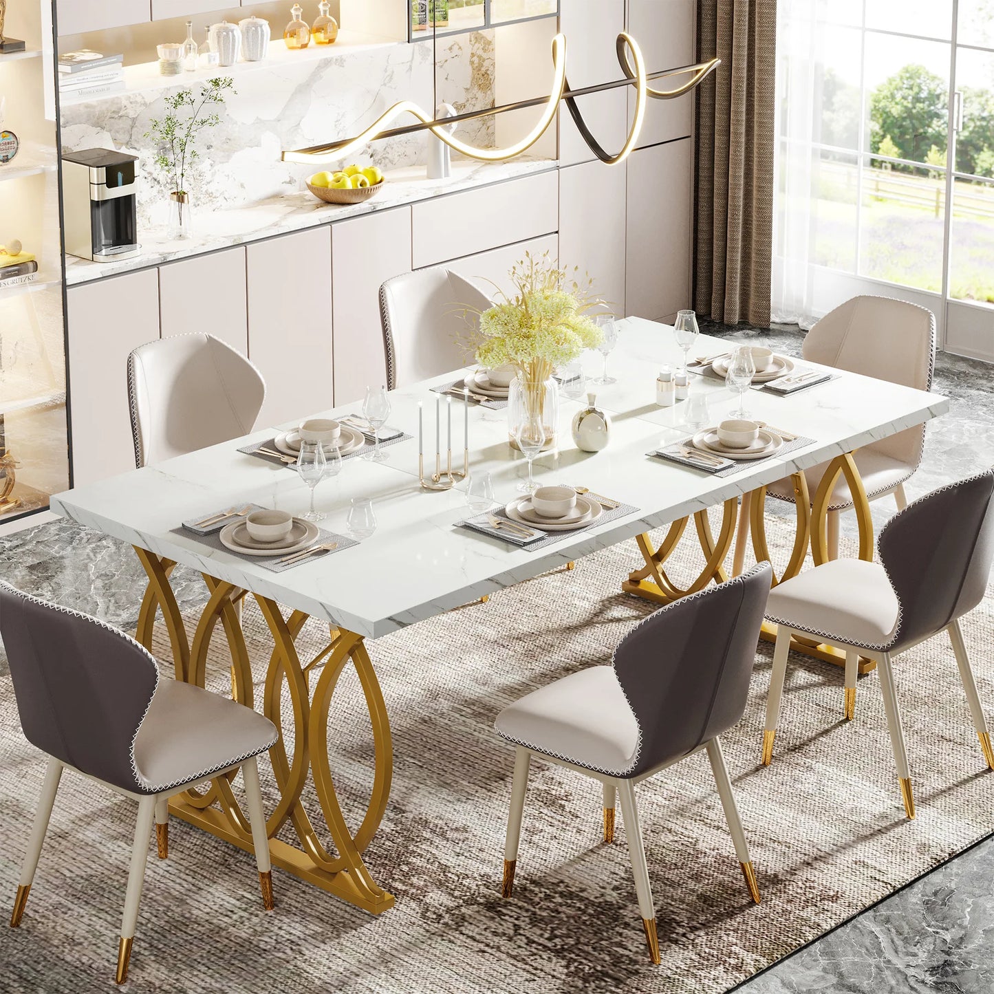 Table de salle à manger Louise — finition blanche, marbre, design contemporain, rectangulaire