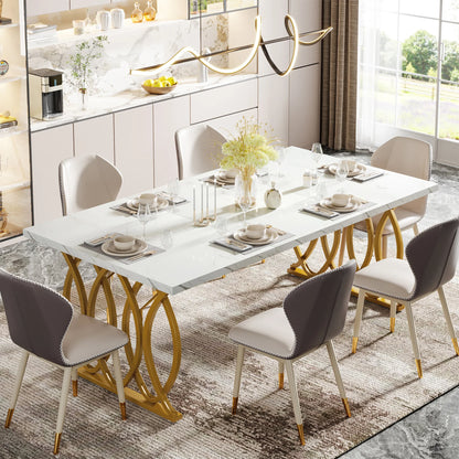 Table de salle à manger Louise — finition blanche, marbre, design contemporain, rectangulaire