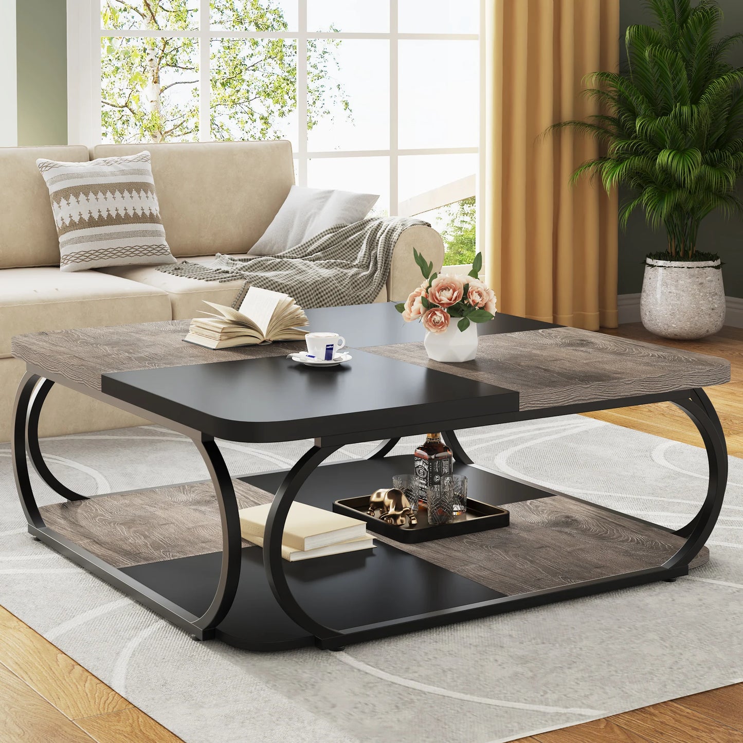 Table basse Mélanie — bois, métal, rangement intégré, 2 niveaux