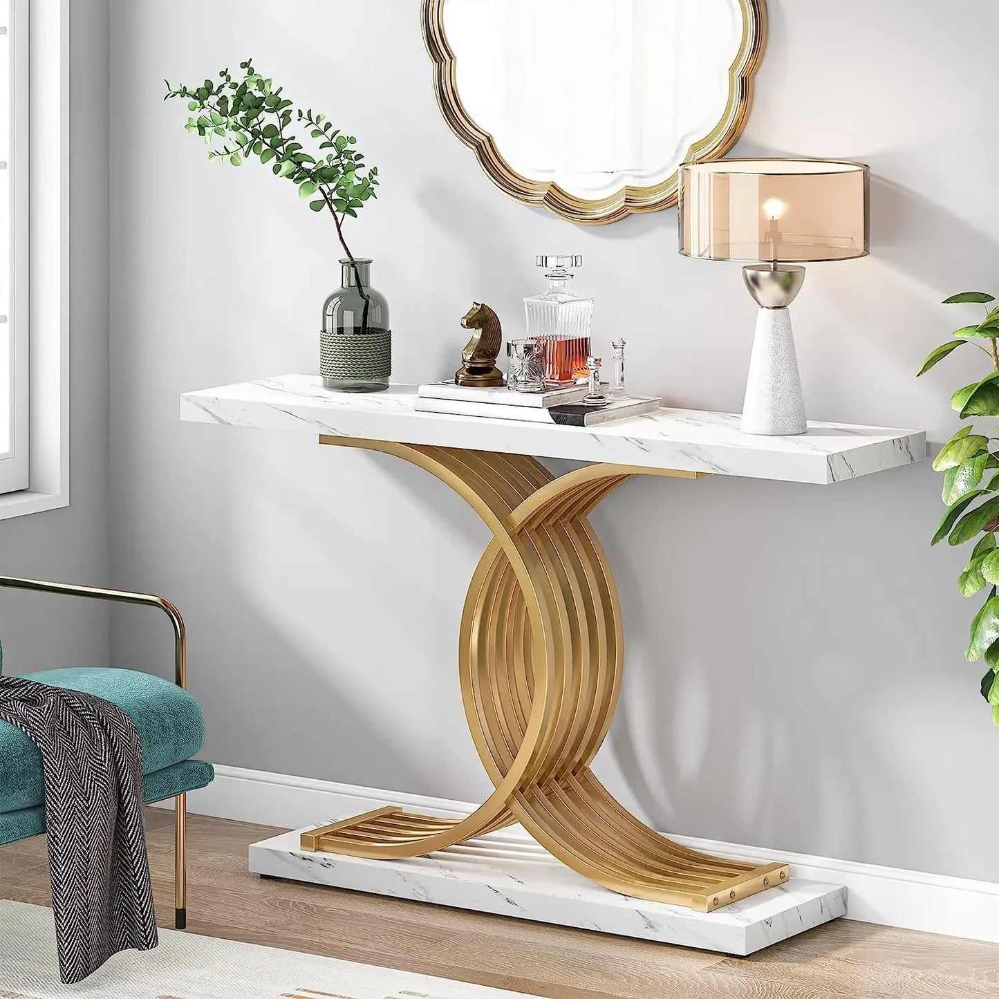 Console Axel — finition dorée, bois, marbre, métal