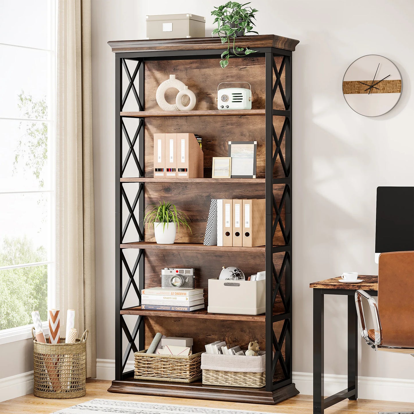 Bibliothèque Delphine — style industriel, rangement intégré, 6 niveaux, étagères ouvertes