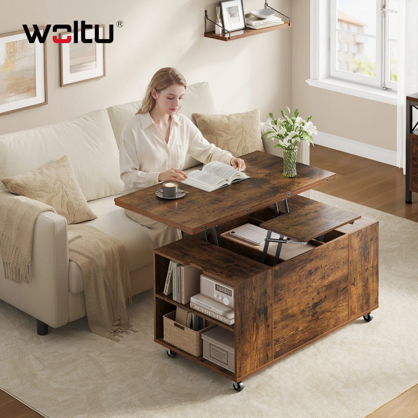 WOLTU Double Lift Top Coffee Table with Wheels Wood Sofa Table with Drawer and Storage Shelf Height-Adjustable Extendable for Living Room