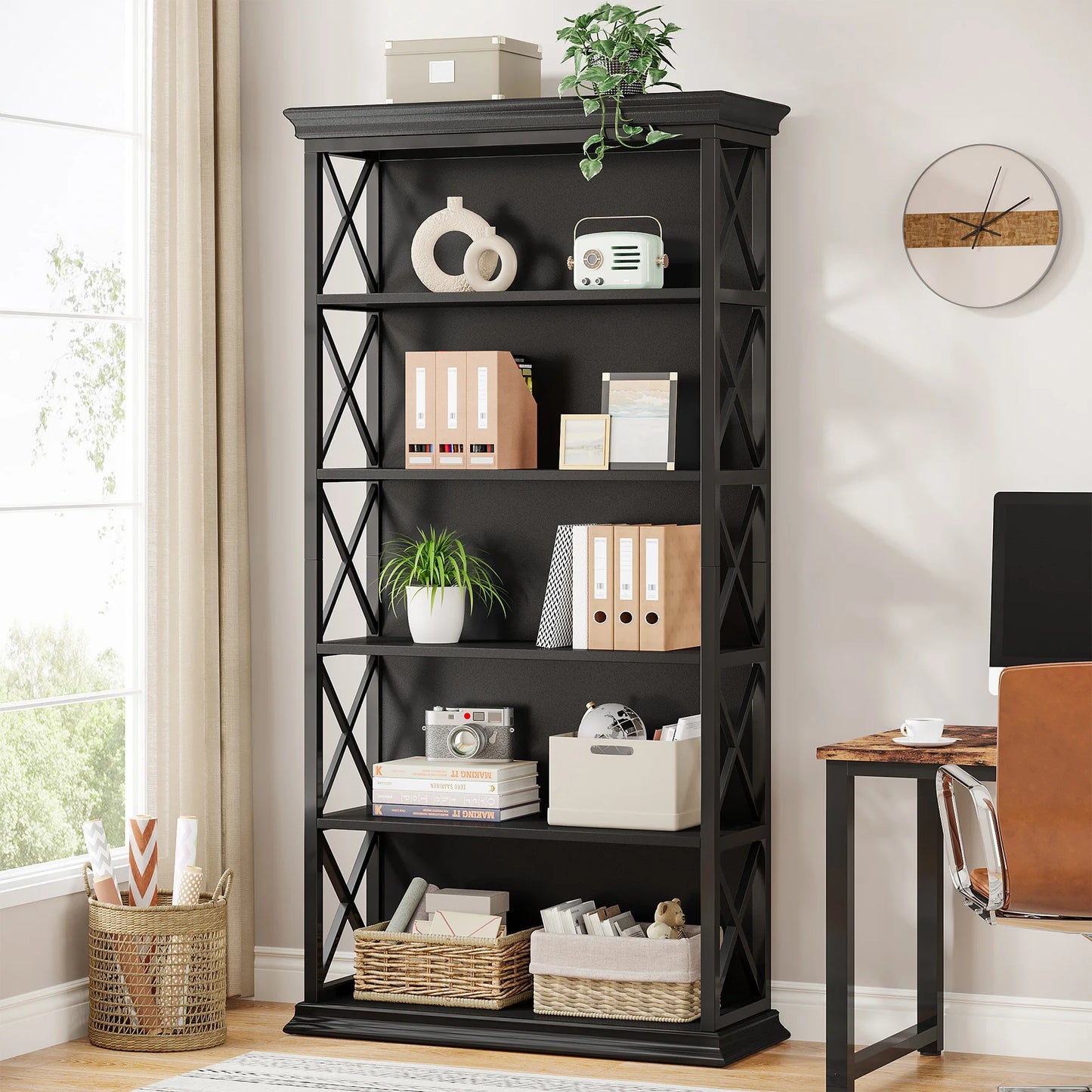 Bibliothèque Delphine — style industriel, rangement intégré, 6 niveaux, étagères ouvertes