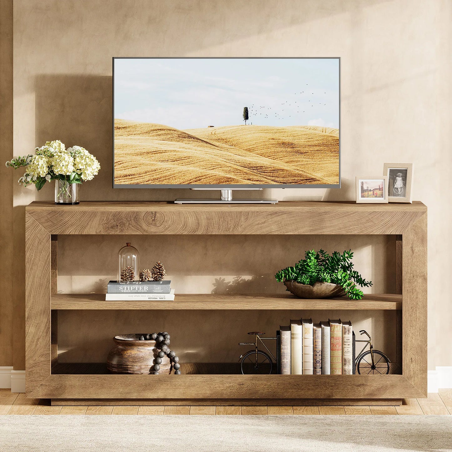 Console Béatrice — finition marron, bois, métal, rangement intégré