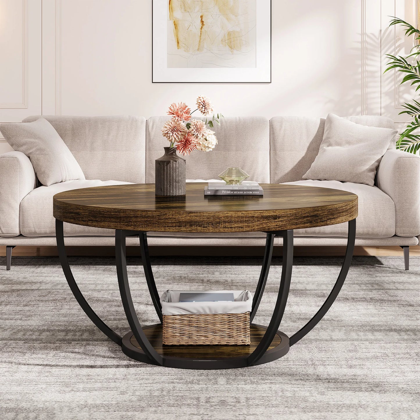 Table basse Jérôme — bois, style industriel, rangement intégré, 2 niveaux