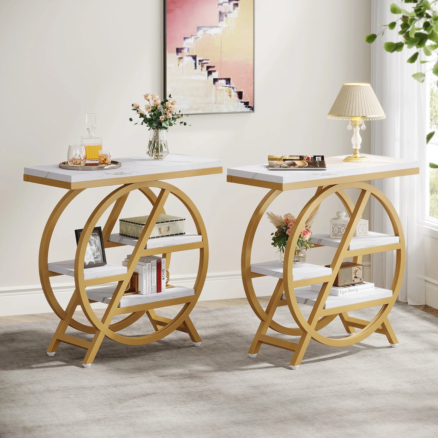 Table d'appoint André — bois, métal, rangement intégré, 3 niveaux