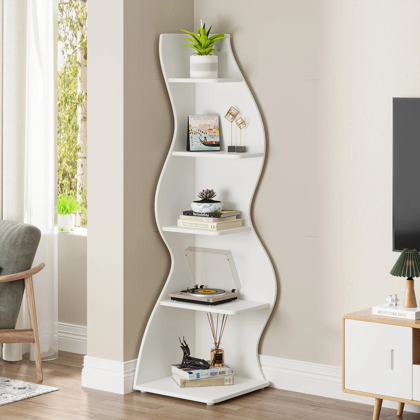 Bibliothèque Jules — design contemporain, rangement intégré, 5 niveaux, meuble d'angle