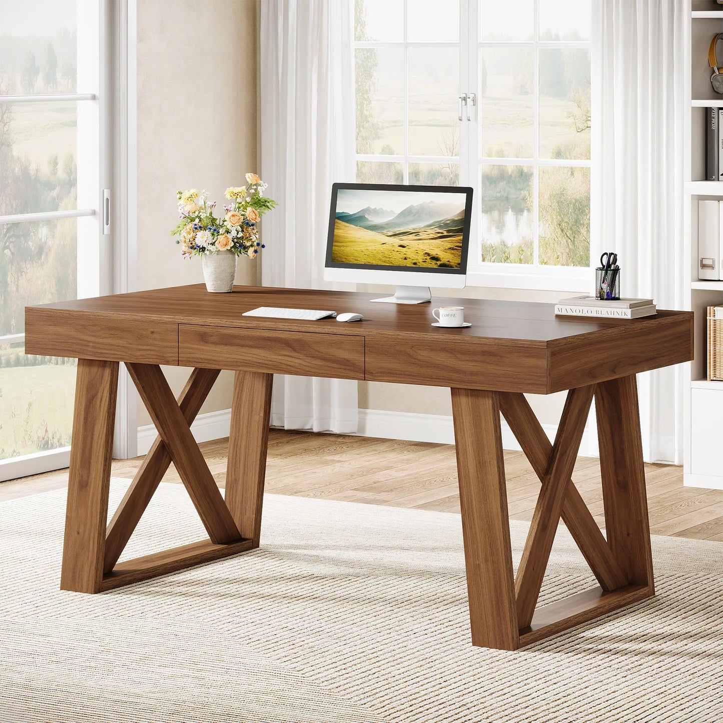 Bureau Martial — finition noyer, style rustique, rangement intégré, avec tiroirs