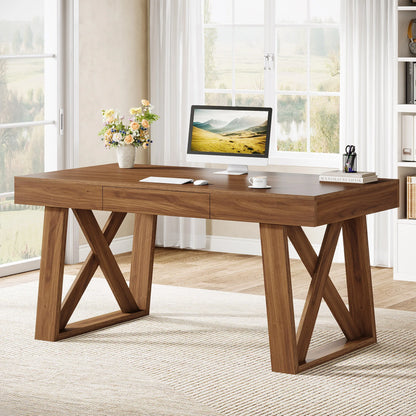 Bureau Martial — finition noyer, style rustique, rangement intégré, avec tiroirs