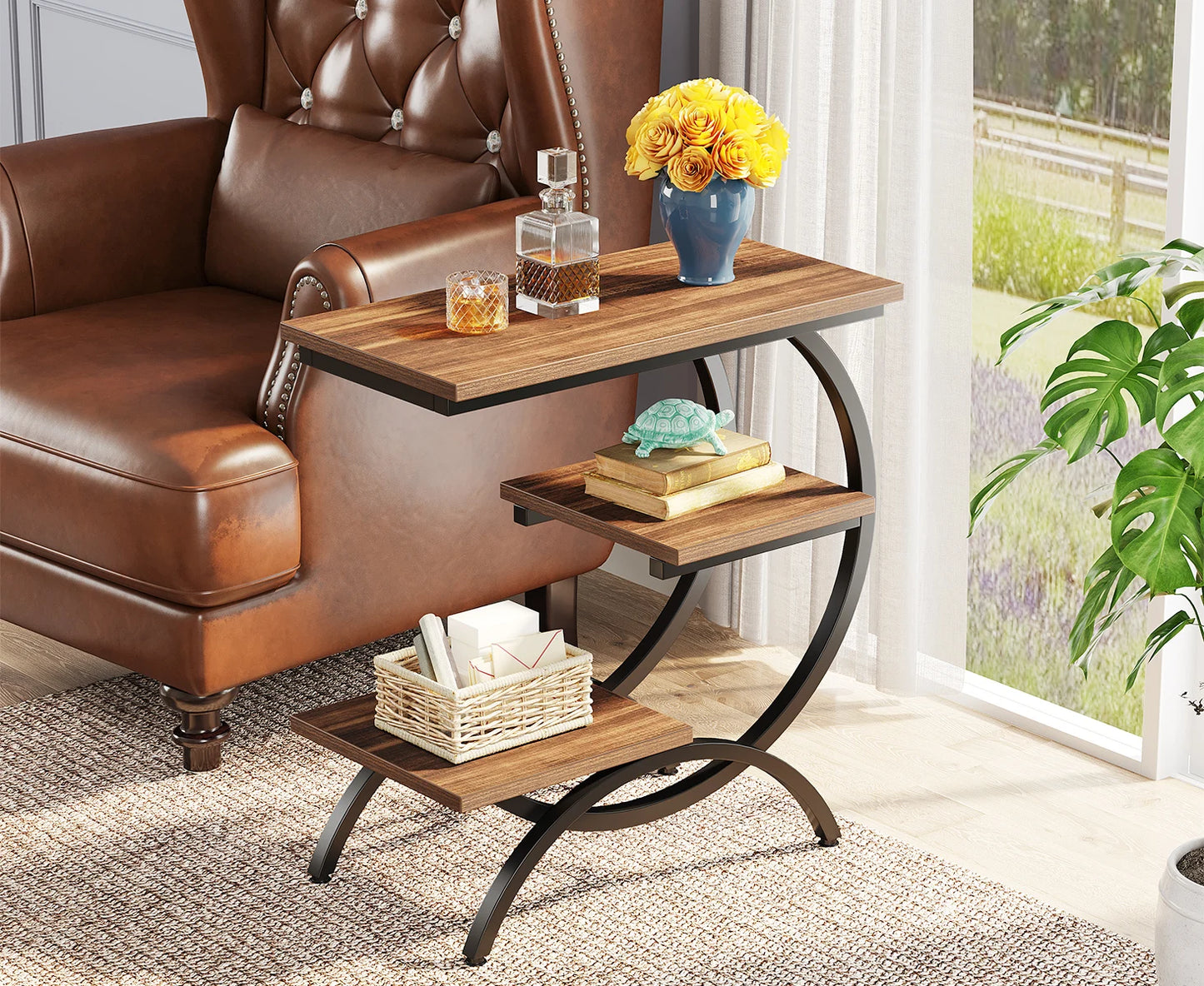 Table d'appoint Tanguy — bois, style industriel, rangement intégré, 3 niveaux