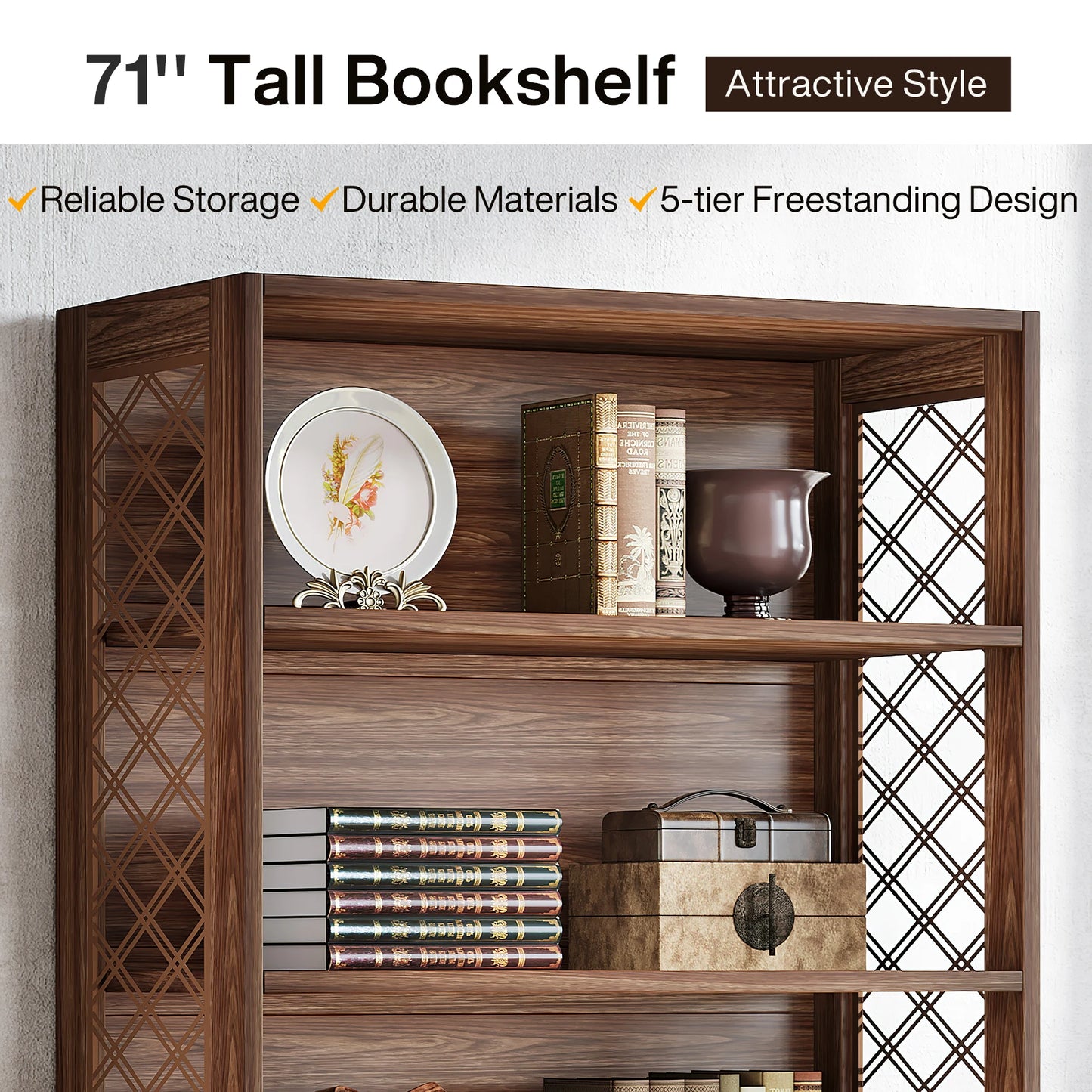Bibliothèque Delphine — style industriel, rangement intégré, 6 niveaux, étagères ouvertes