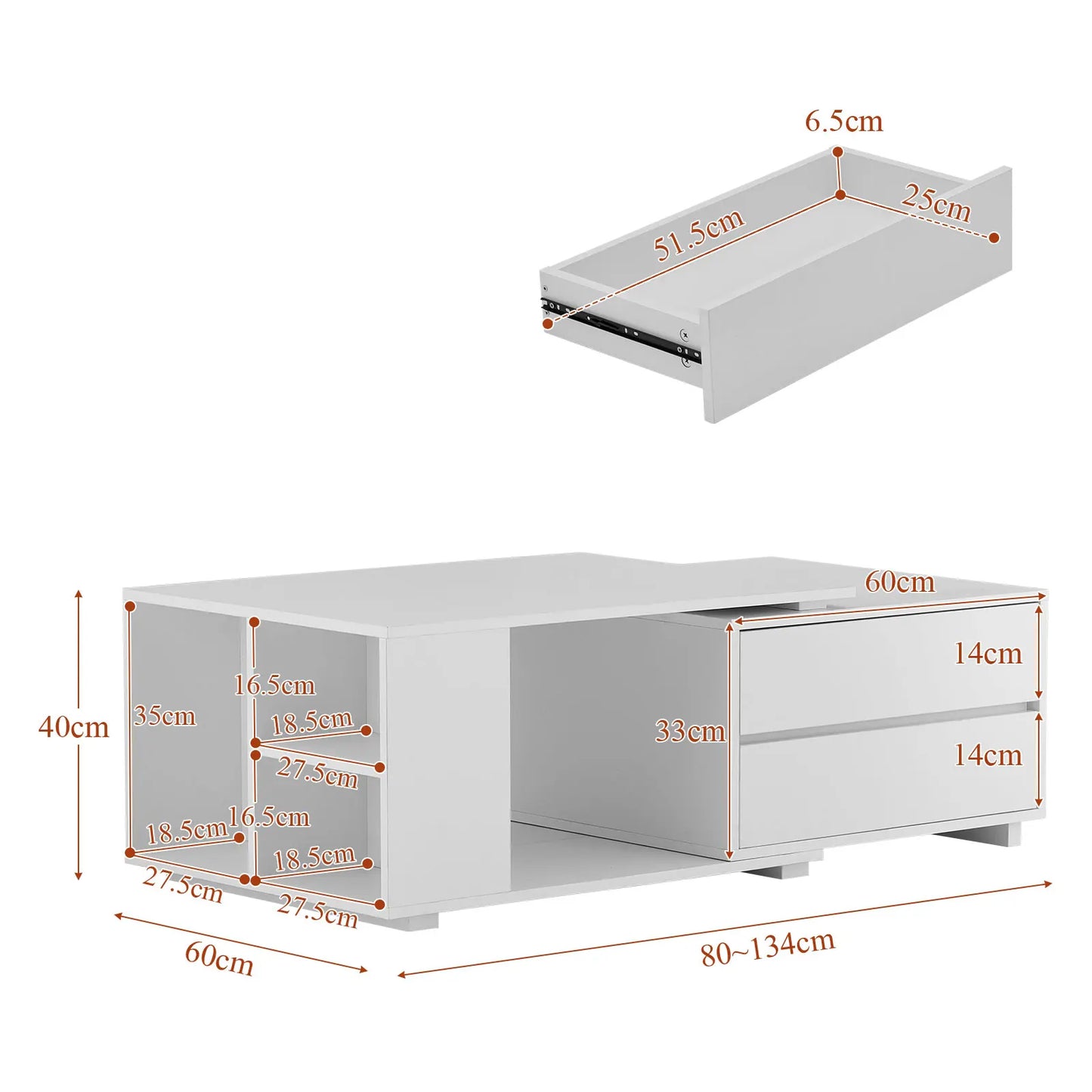 Extendable Coffee Table with LED Light, Living Room Centre Table with 4 Storage Drawers Shelves, Modern Wooden Sofa Side Table