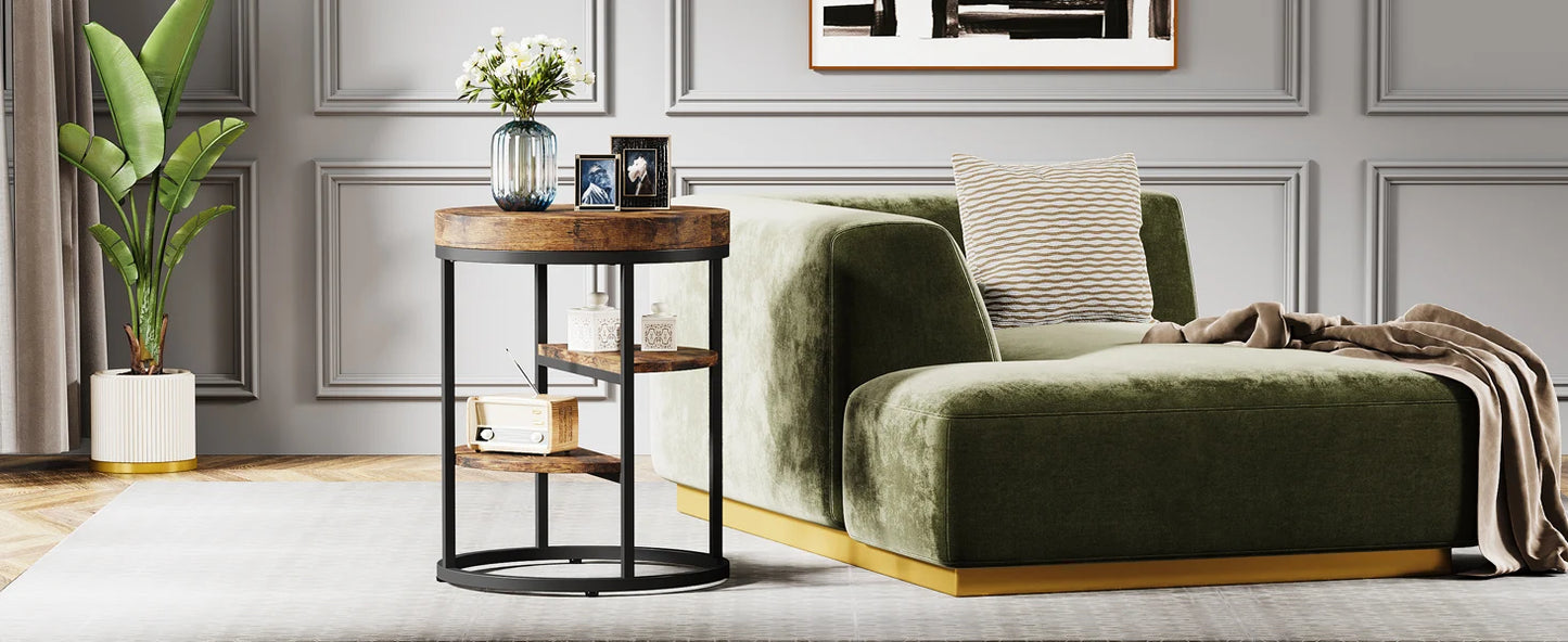 Table d'appoint Pauline — bois, style industriel, rangement intégré, ronde