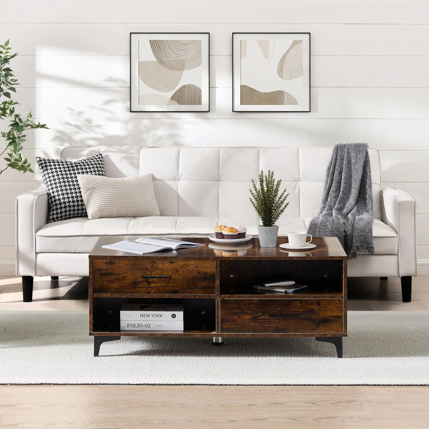 Coffee Table with Storage, Wooden Centre Table Living Room with 4 Drawers and 4 Open Shelves, Modern Rectangle Tea Table