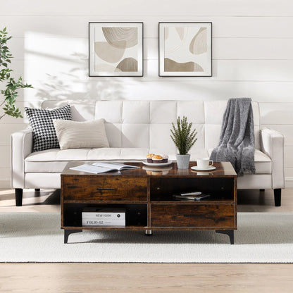 Coffee Table with Storage, Wooden Centre Table Living Room with 4 Drawers and 4 Open Shelves, Modern Rectangle Tea Table