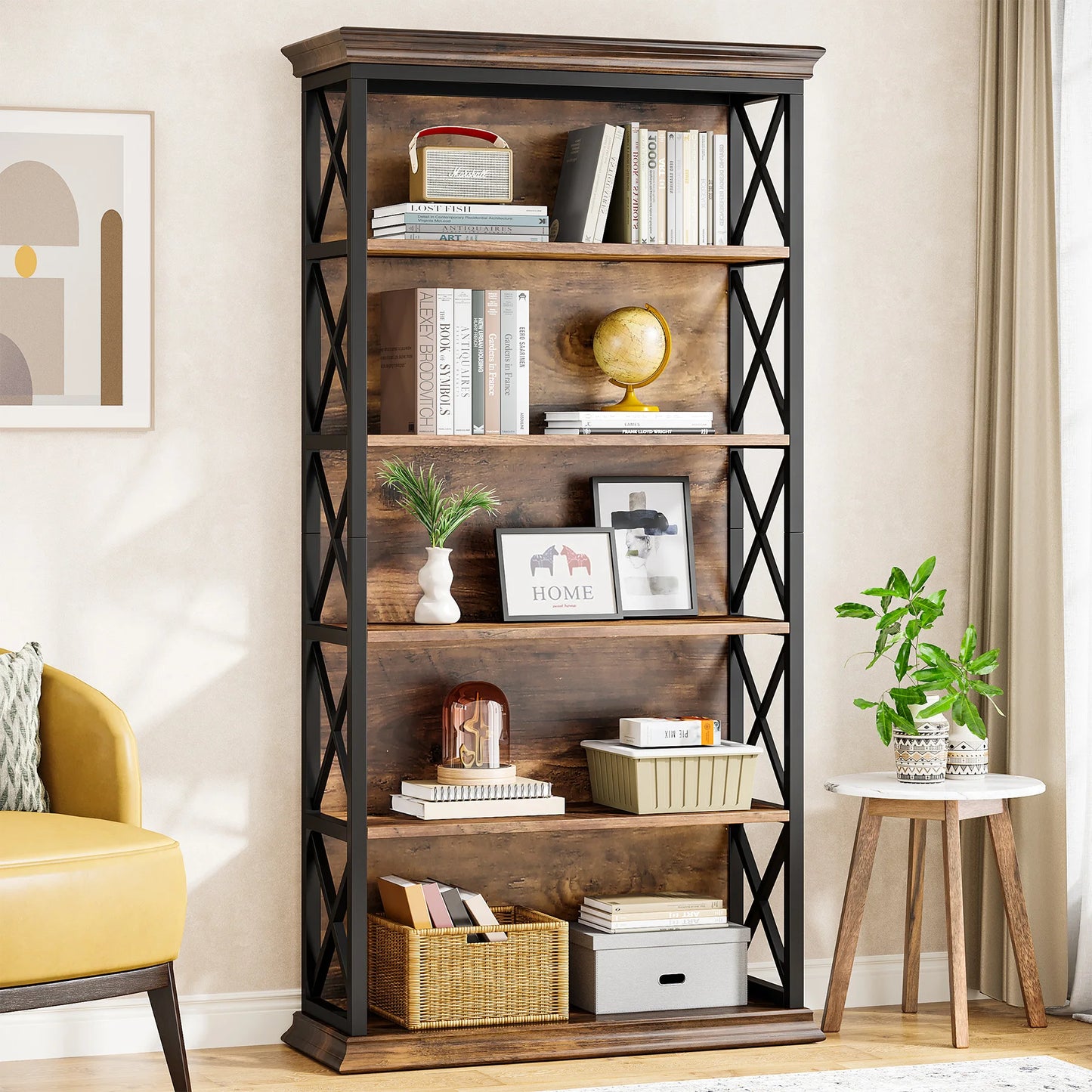 Bibliothèque Delphine — style industriel, rangement intégré, 6 niveaux, étagères ouvertes