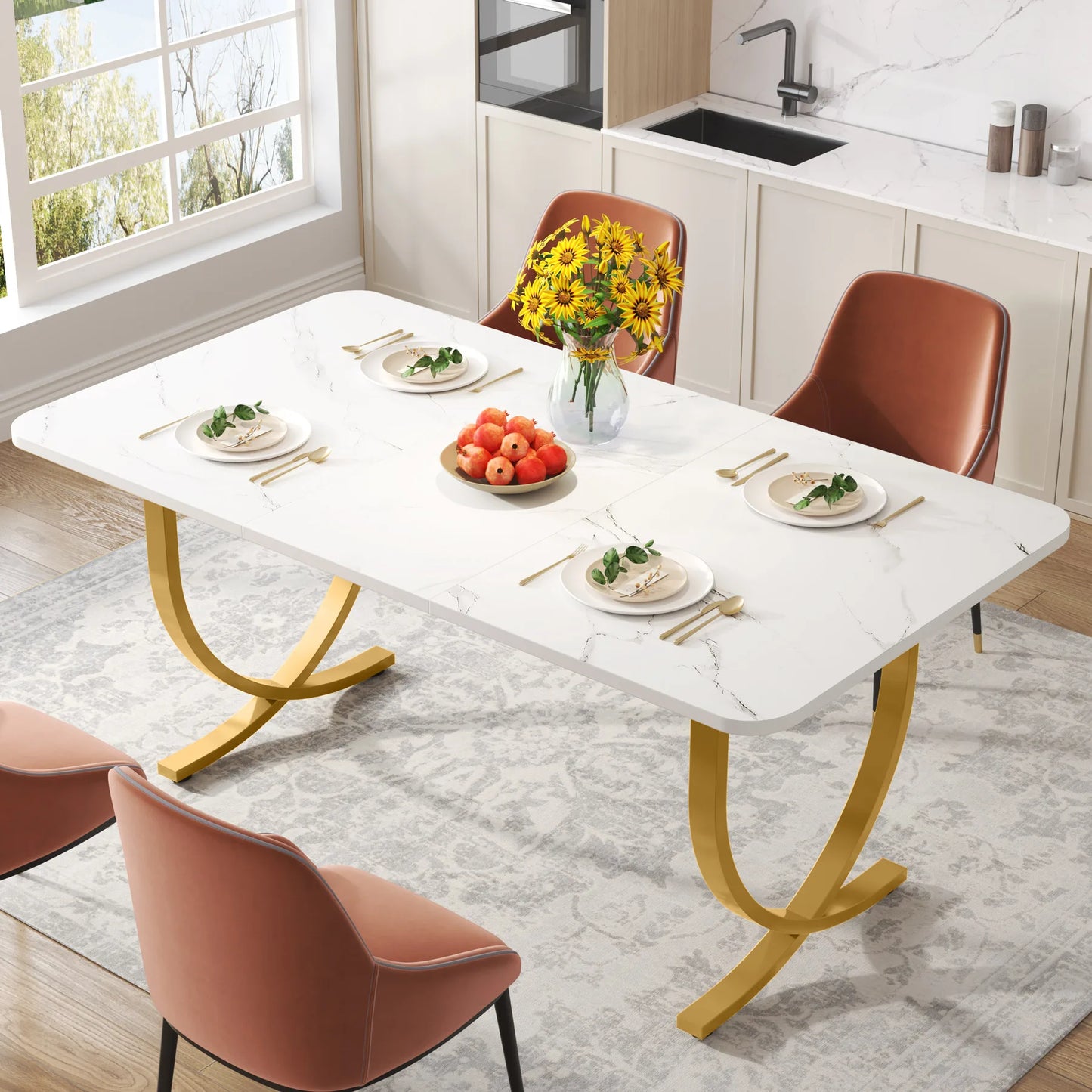 Table de salle à manger Louise — finition blanche, marbre, design contemporain, rectangulaire