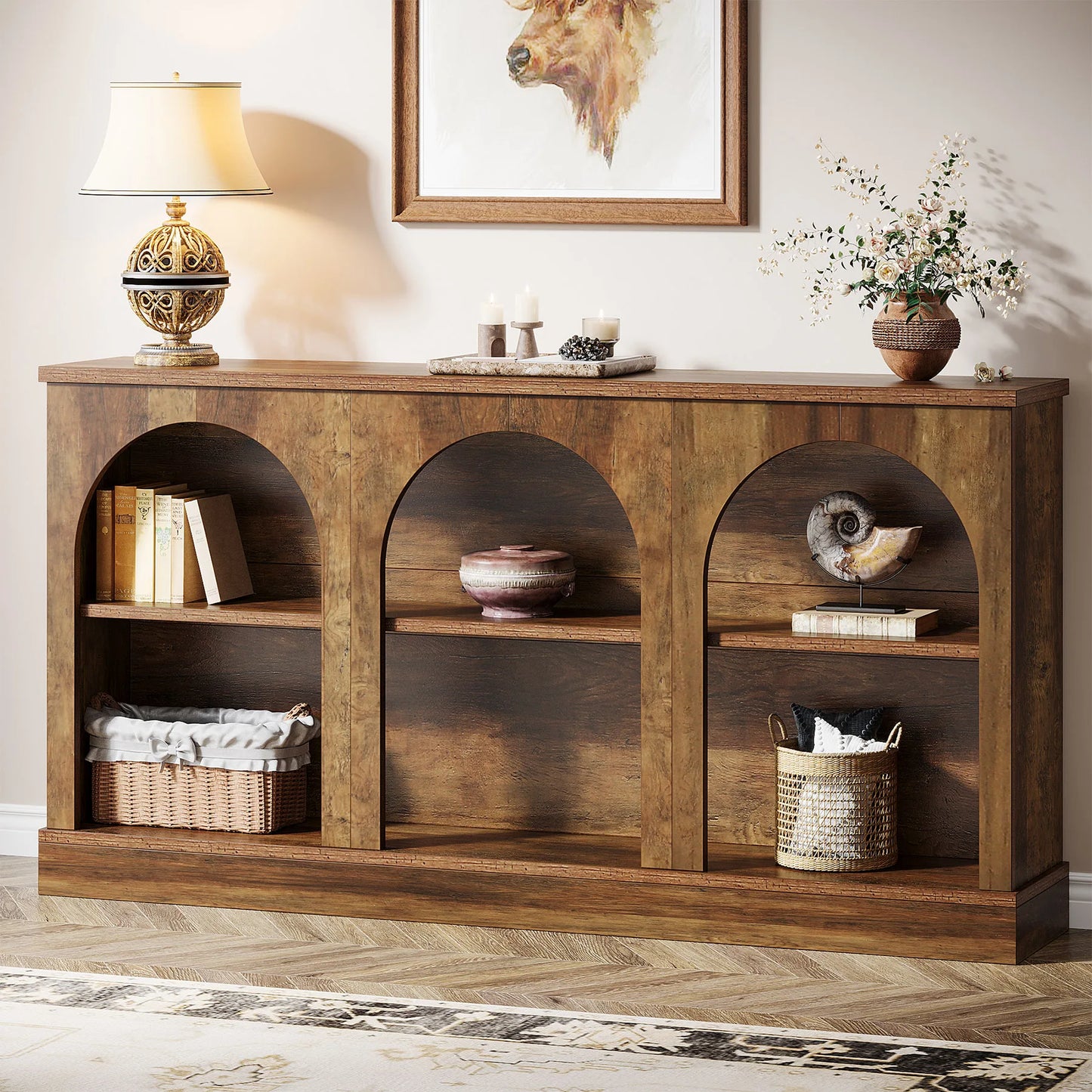 Console Éva — bois, métal, rangement intégré, 3 niveaux