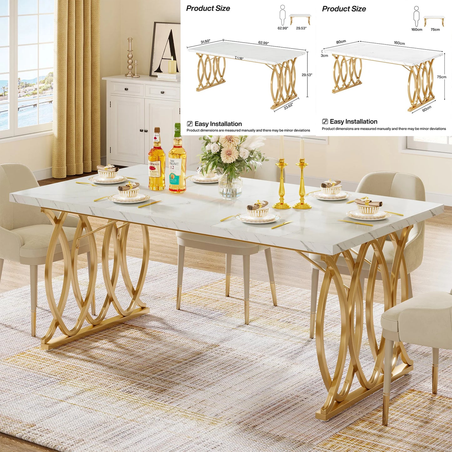 Table de salle à manger Louise — finition blanche, marbre, design contemporain, rectangulaire