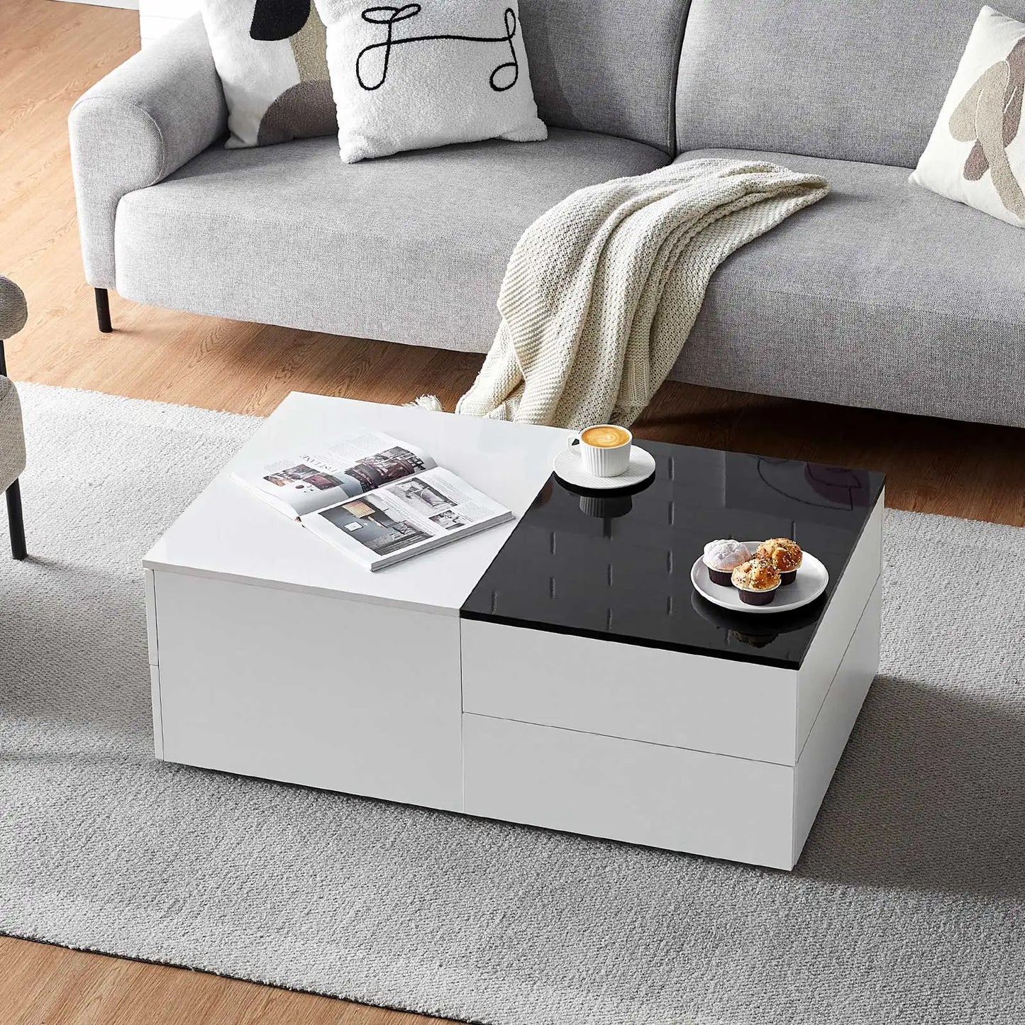 High Gloss Coffee Table, White Black Sofa Side Table with 4 Drawers, Rectangular Living Room Centre Table for Living Room Office