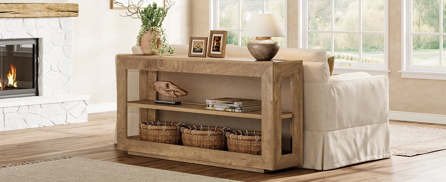 Console Béatrice — finition marron, bois, métal, rangement intégré