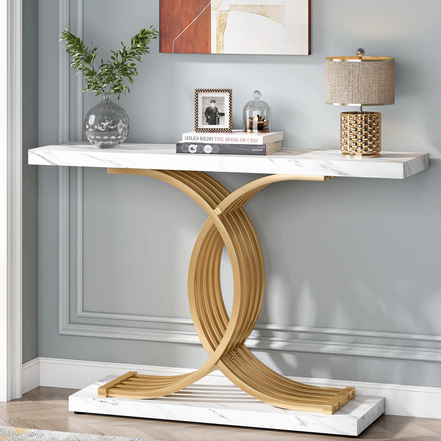 Console Axel — finition dorée, bois, marbre, métal