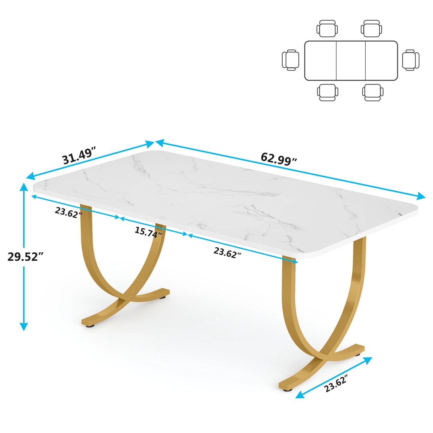 Table de salle à manger Louise — finition blanche, marbre, design contemporain, rectangulaire